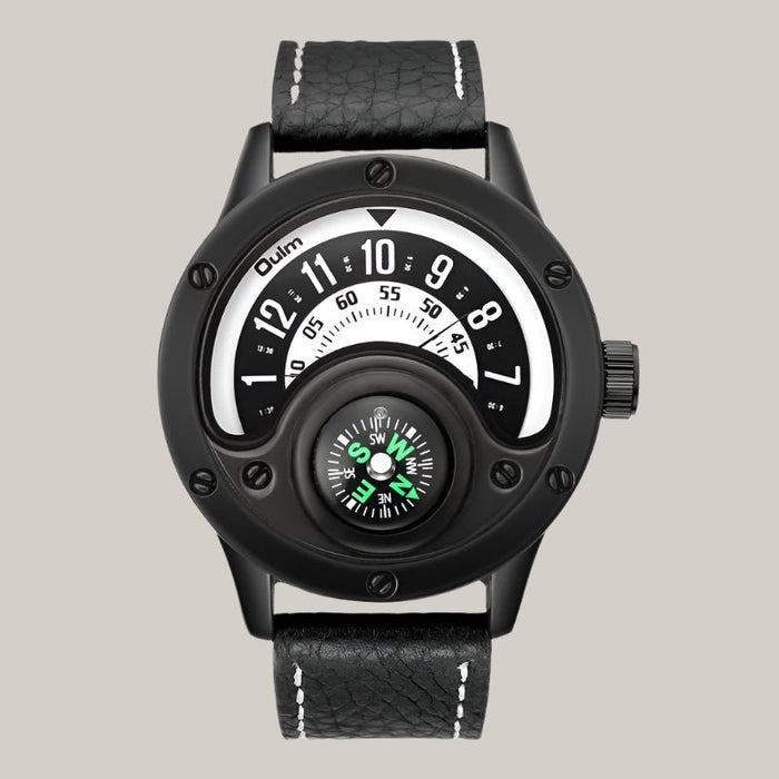 Leather-Strap Watch with Compass Black