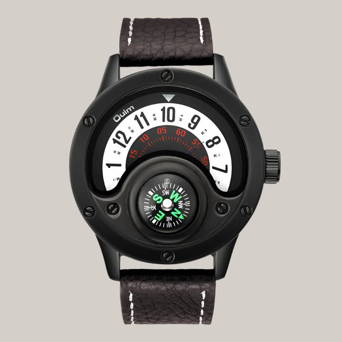 Leather-Strap Watch with Compass Red
