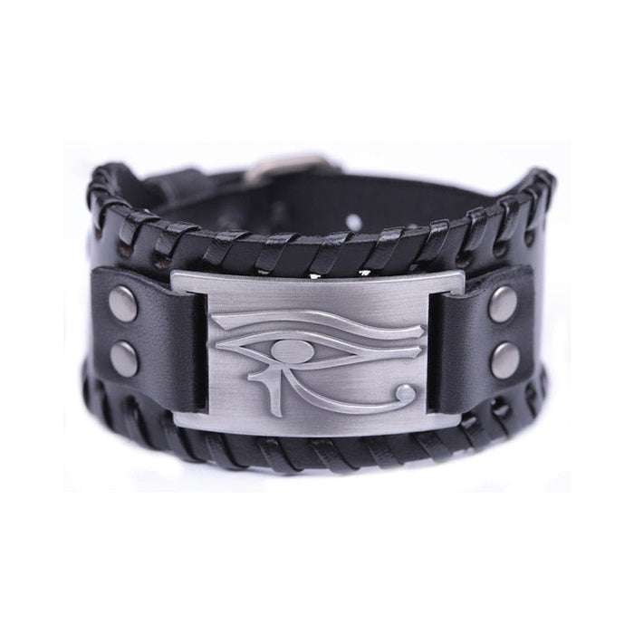 Long-Eye Alloy Link Bracelet Ancient silver Black wide leather