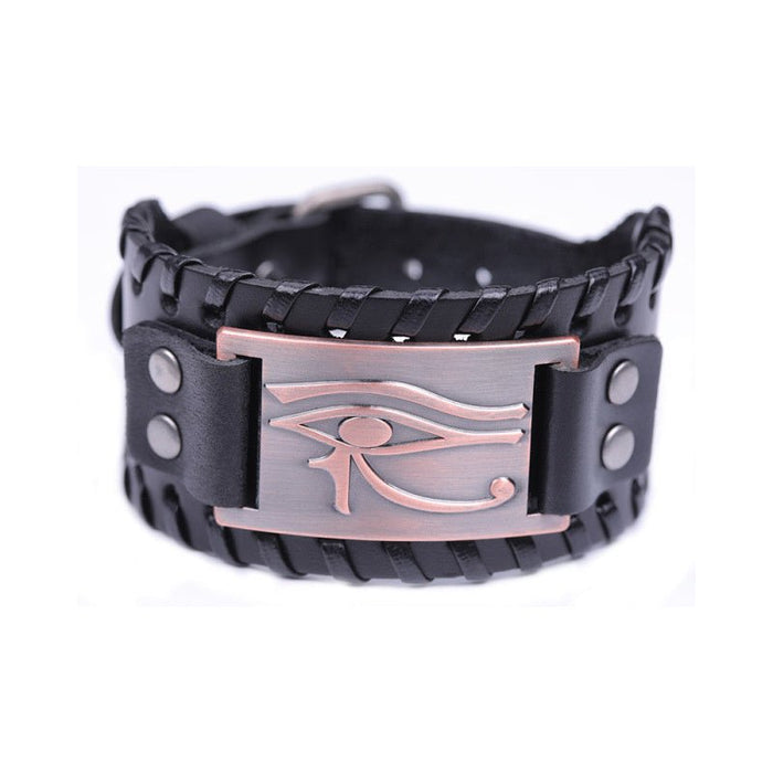 Long-Eye Alloy Link Bracelet Ancient red copper Black wide leather