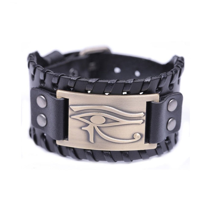 Long-Eye Alloy Link Bracelet Ancient bronze Black wide leather