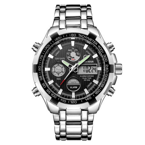 Men's Calendar Alloy Sports Multi-function Watch Silvery black