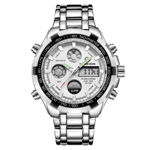 Men's Calendar Alloy Sports Multi-function Watch Silvery white