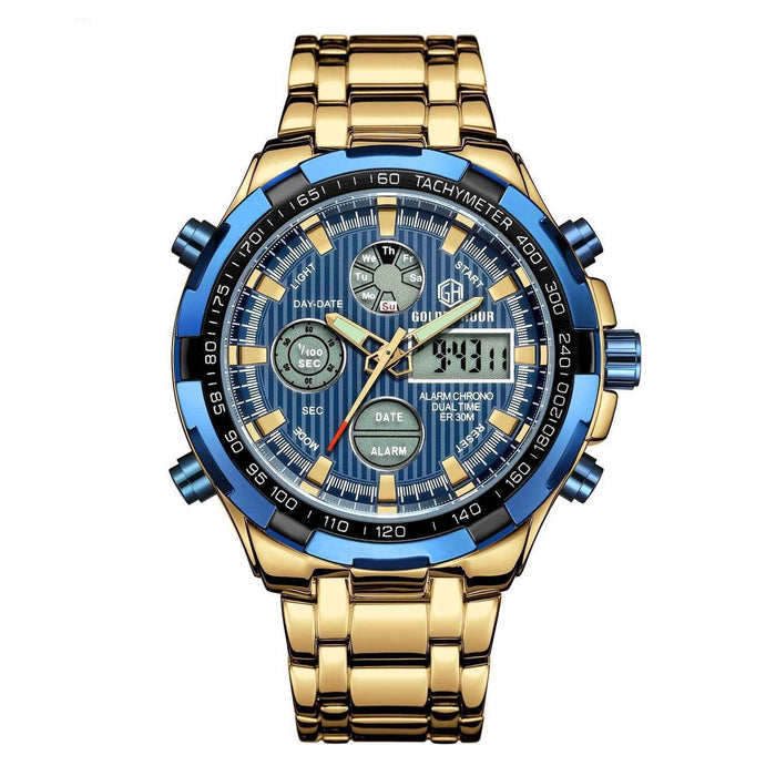 Men's Calendar Alloy Sports Multi-function Watch Gold blue