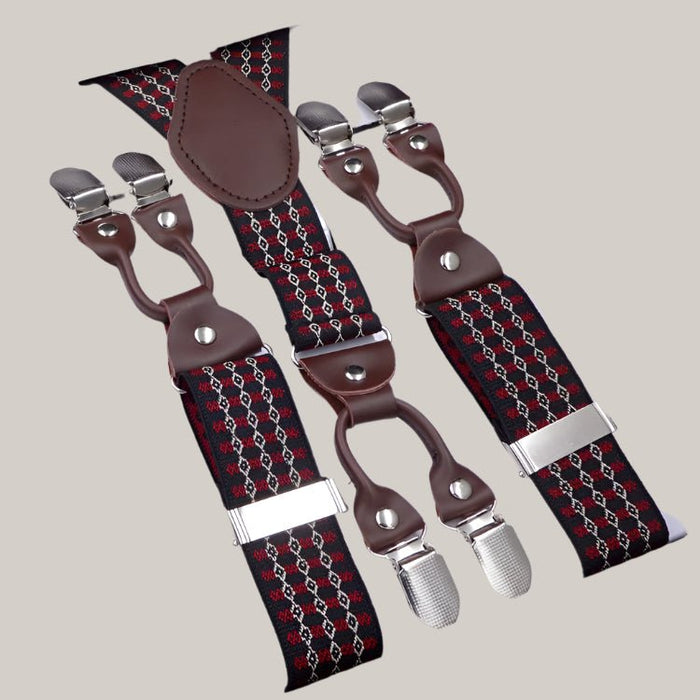 Men's Six Clip Jacquard Suspenders Red Flower