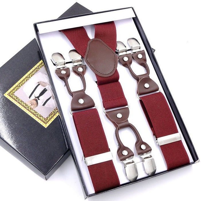Men's Six Clip Jacquard Suspenders Wine Red