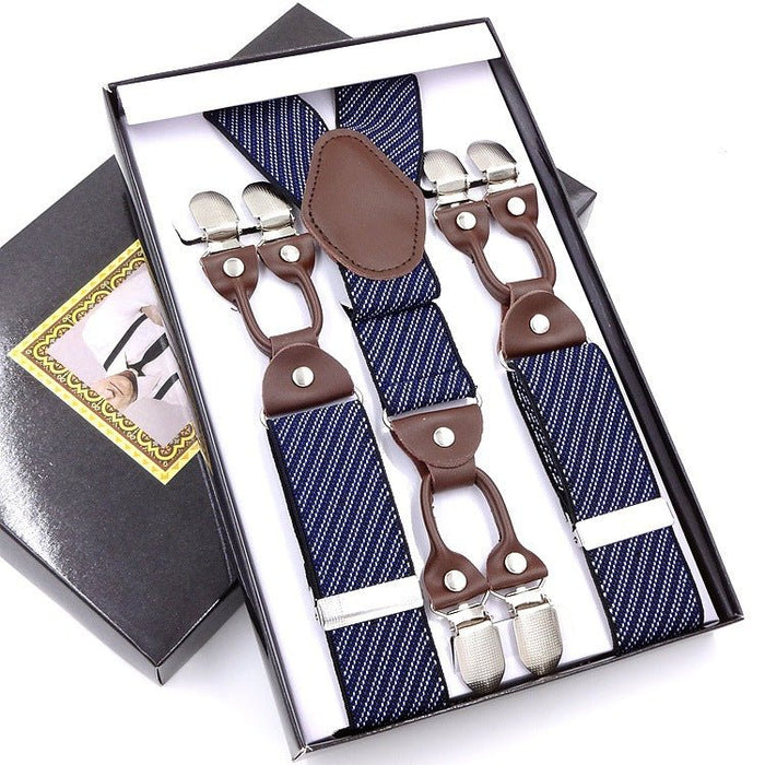Men's Six Clip Jacquard Suspenders Blue And White Twill
