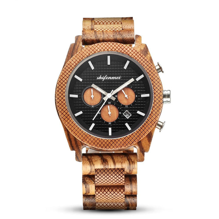 Men's Six-Hand Wood Chronograph Watch with Calendar