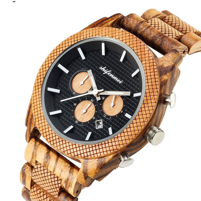 Men's Six-Hand Wood Chronograph Watch with Calendar
