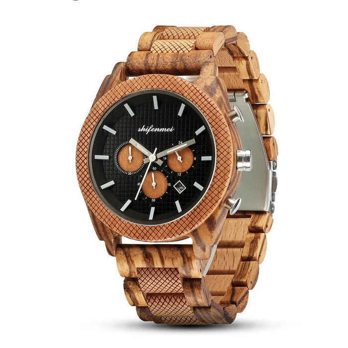 Men's Six-Hand Wood Chronograph Watch with Calendar