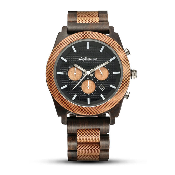 Mens Six Hand Chronograph Calendar Sports Wood Casual Watch B