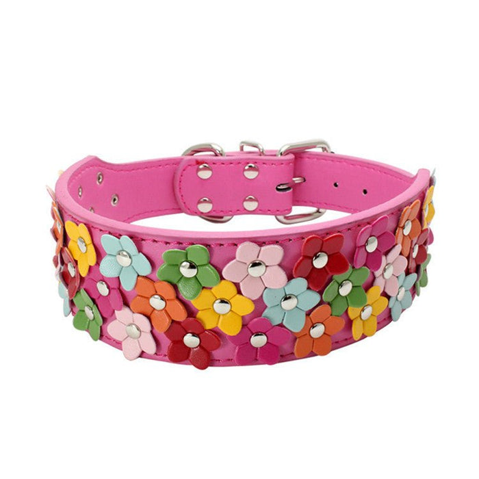 Pet Three Rows Of Flowers Large Dog Collar Rose Red
