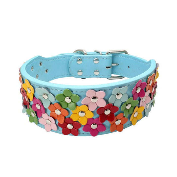 Pet Three Rows Of Flowers Large Dog Collar Blue