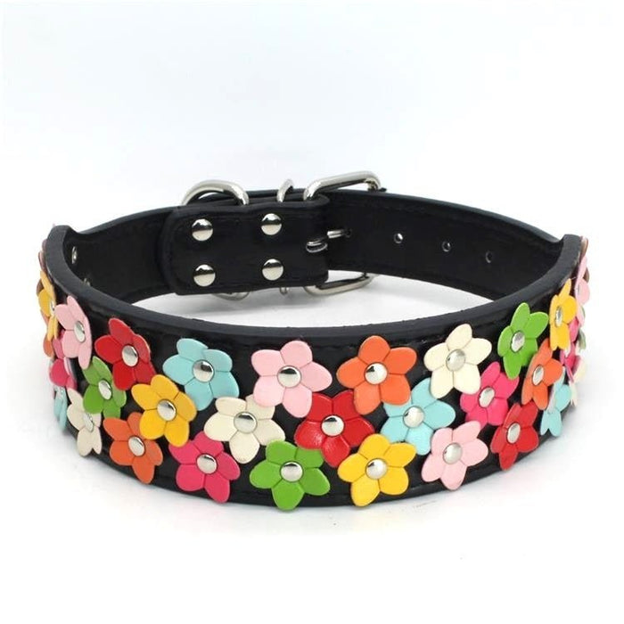 Pet Three Rows Of Flowers Large Dog Collar Black