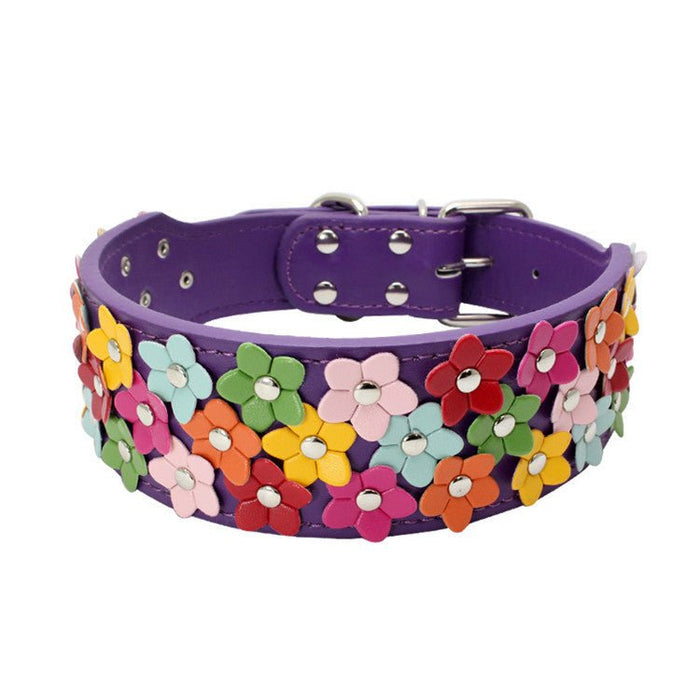 Pet Three Rows Of Flowers Large Dog Collar Purple