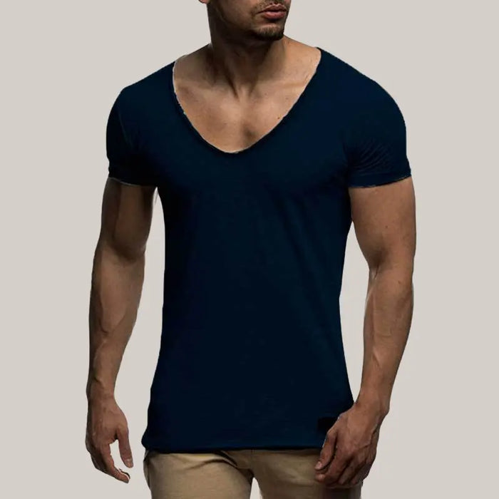 V Neck Short Sleeve Men t Shirt Blue