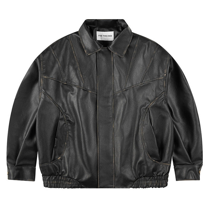 Loose Retro Leather Jacket for Men and Women Black