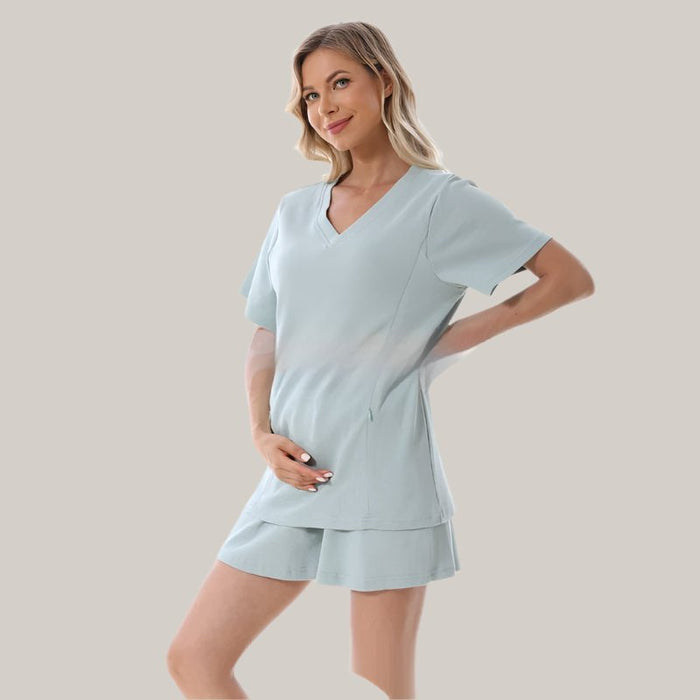 Women's Waffle-Knit Maternity Shorts Set Olive set