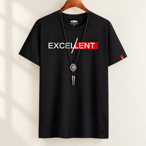 Black EXCELLENT graphic T-shirt with its original necklace on a wooden hanger against an ivory wall.