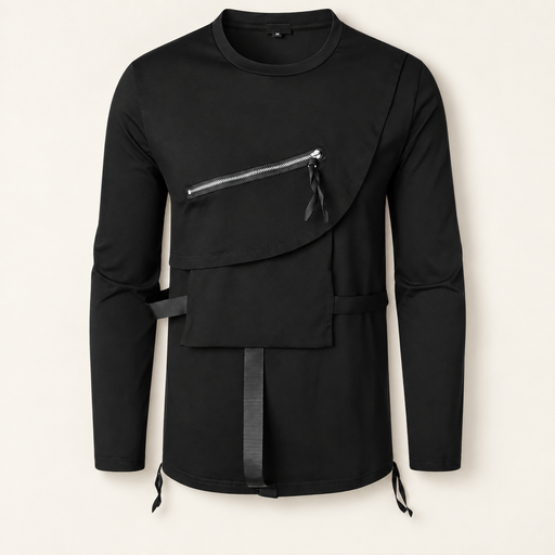 Black asymmetric long-sleeve shirt with layered panels, a diagonal zipper and straps on an ivory surface.