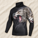 Black high-neck long-sleeve compression shirt with wolf print on an ivory fabric surface.