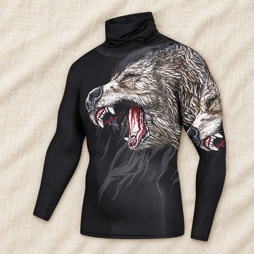 Black high-neck long-sleeve compression shirt with wolf print on an ivory fabric surface.