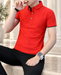 Red short-sleeve polo shirt with black sleeve trim worn in a pale stone interior.