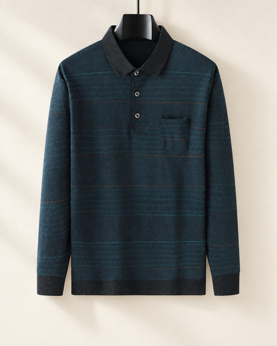 Dark green long-sleeve polo with subtle stripes on a hanger.
