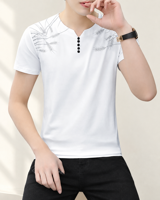 White short-sleeve shirt with grey foliage detail in an ivory interior.