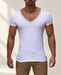 White deep V-neck short-sleeve T-shirt worn against a softly lit ivory wall.