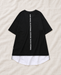 Back of a black short-sleeve T-shirt with vertical white lettering and a curved white layered hem.