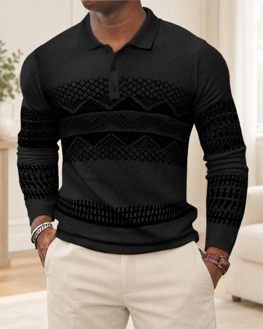 Black patterned long-sleeve polo in an ivory interior.