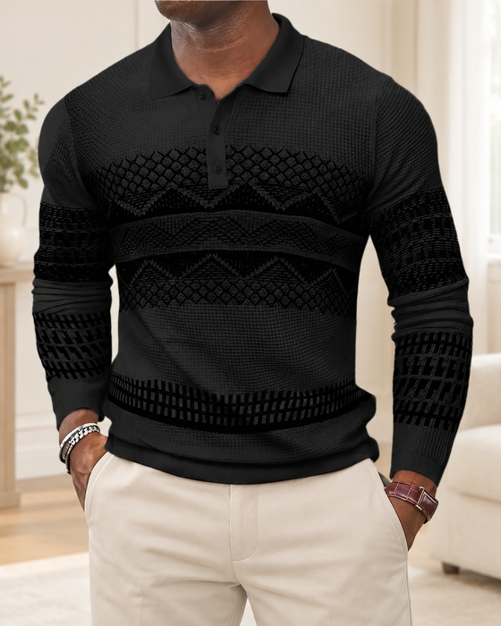 Black patterned long-sleeve polo in an ivory interior.