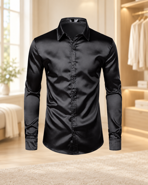 Black satin long-sleeve dress shirt displayed in a softly lit dressing room.