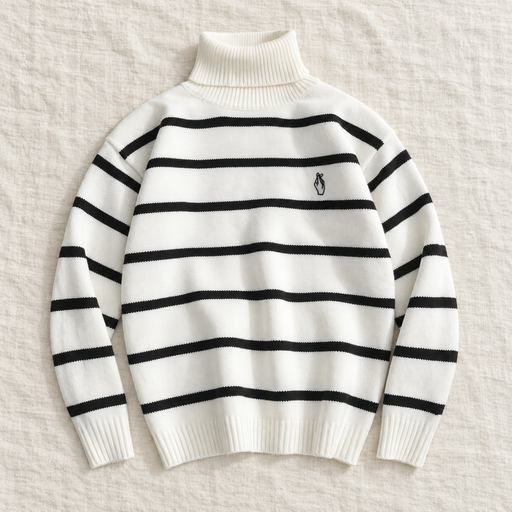 White striped turtleneck sweater laid on ivory linen.