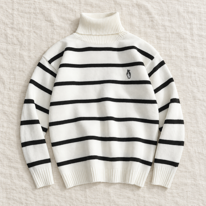 White striped turtleneck sweater laid on ivory linen.