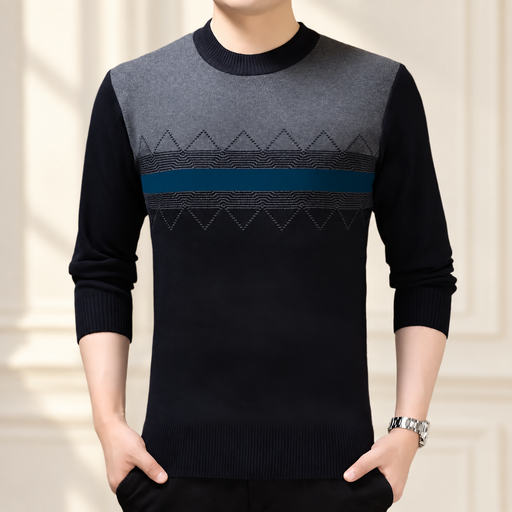 Navy sweater with grey shoulder panel and blue chest stripe.