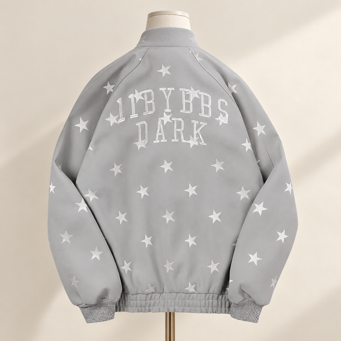 Back of grey star-pattern bomber jacket.