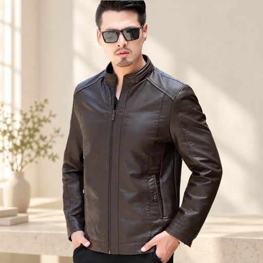 Dark brown jacket with stand collar worn in an ivory interior