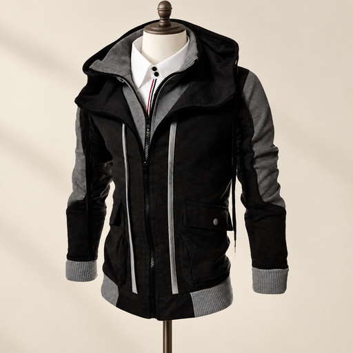 Black and grey hooded jacket displayed on an ivory dressform.