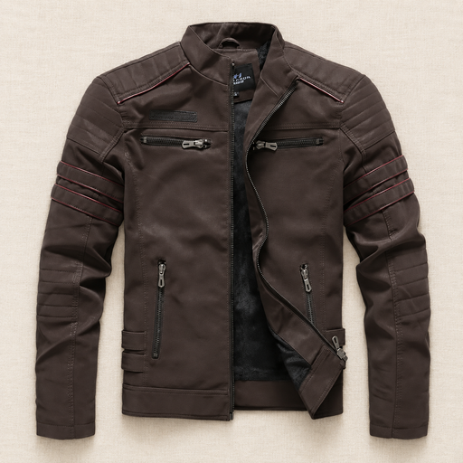 Brown jacket with zip pockets laid on ivory linen.