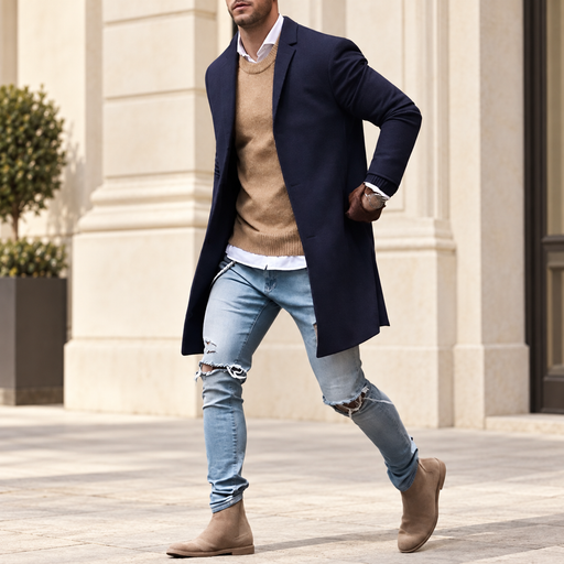 Man wearing navy long coat beside an ivory stone facade.