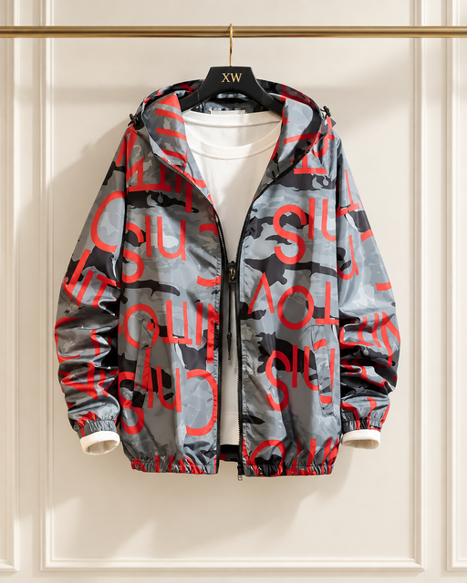 Grey camouflage hooded jacket with red lettering on a hanger.