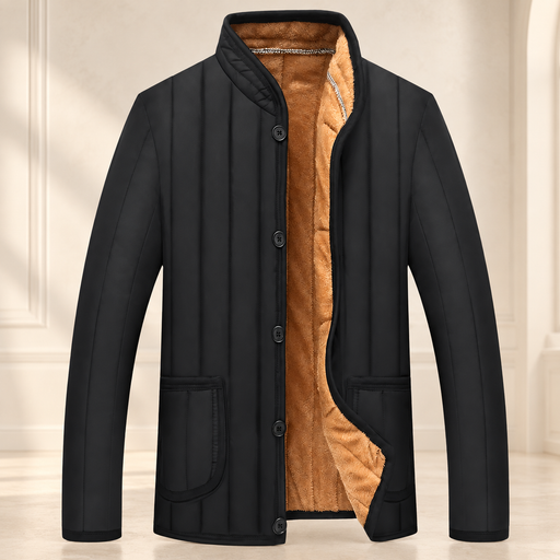 Black quilted jacket with tan fleece lining against an ivory dressing-room backdrop.