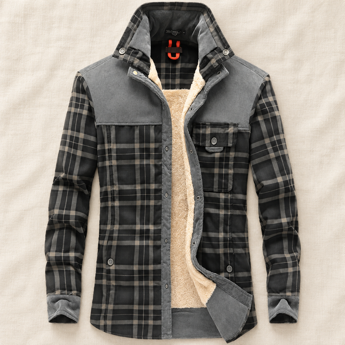 Grey plaid sherpa-lined jacket laid on ivory linen.