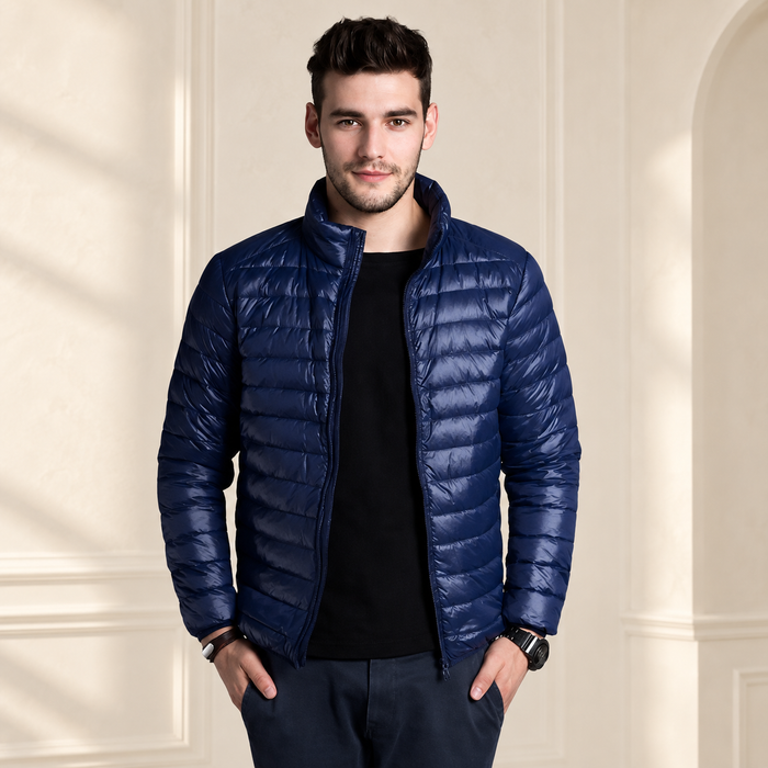 Man wearing an open navy quilted jacket in an ivory dressing room.
