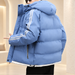 Light blue hooded padded jacket with pale sleeve stripes and a white hem, shown from the back and side.