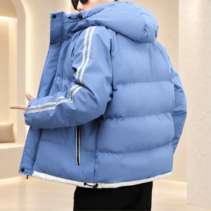 Light blue hooded padded jacket with pale sleeve stripes and a white hem, shown from the back and side.