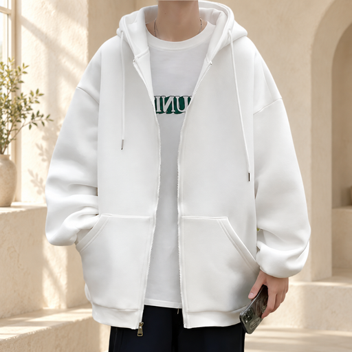 White zip-front hooded jacket with split pockets in a softly lit ivory interior