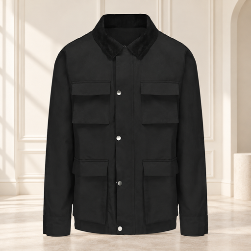 Black four-pocket jacket with silver snaps against an ivory backdrop.
